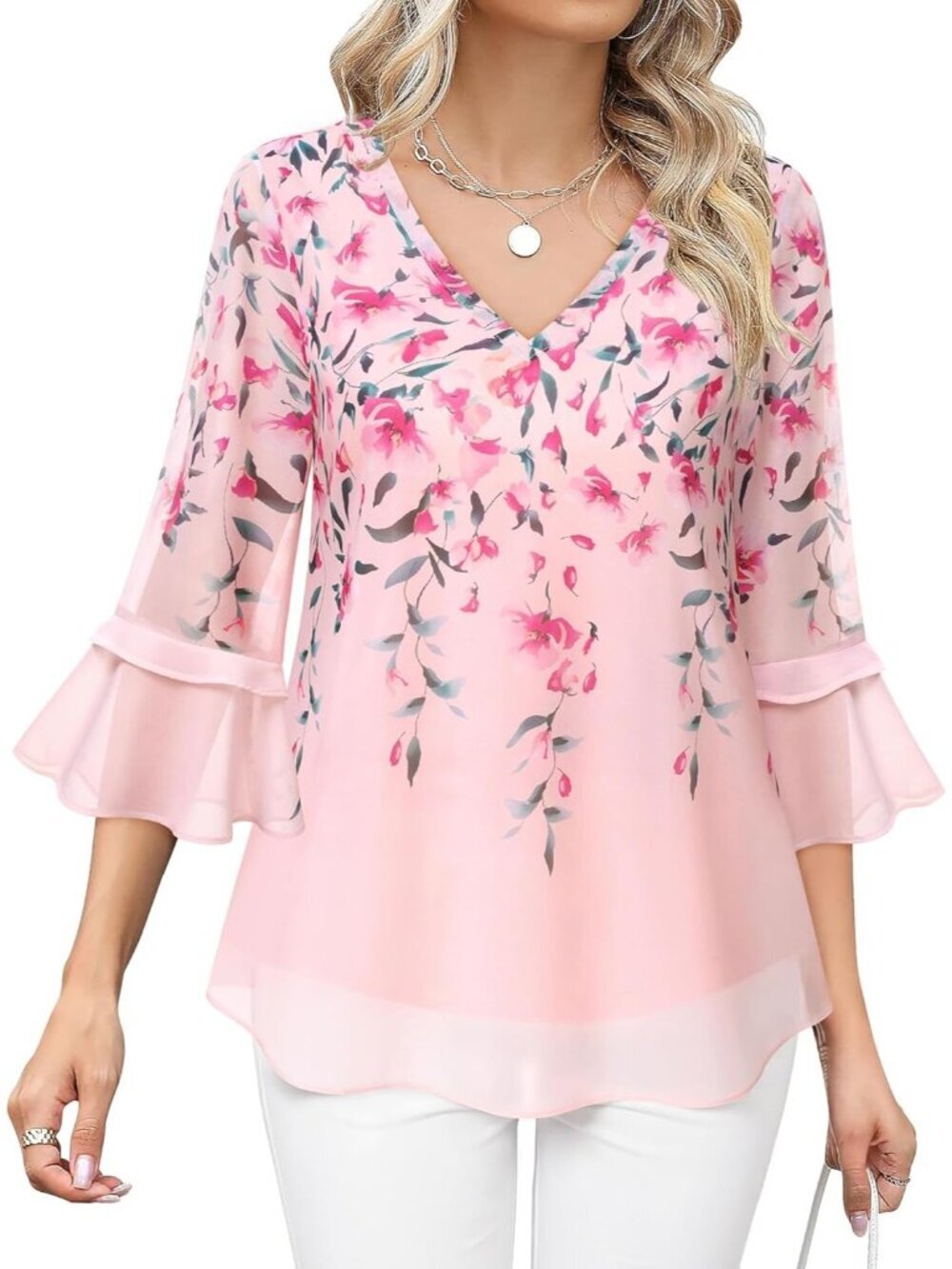 Women's Top Multi Pink Casual Ruffle 3/4 Sleeves V Neck Floral Chiffon Blouses